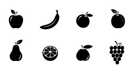 Collection of Black Fruit Icons on White Background.