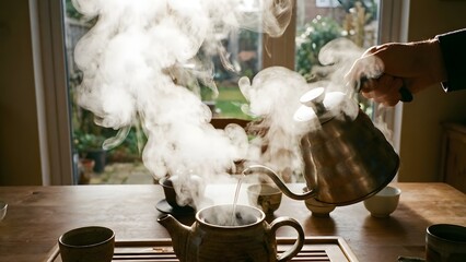 Steaming Tea Pouring from Kettle into Pot.