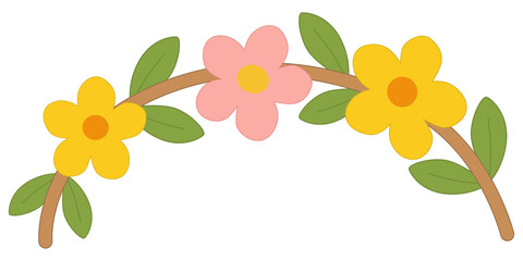 Floral arch with pink and yellow five petal flowers, green leaves, and curved brown branch. Cheerful decorative element for cards, crafts, or seasonal designs.