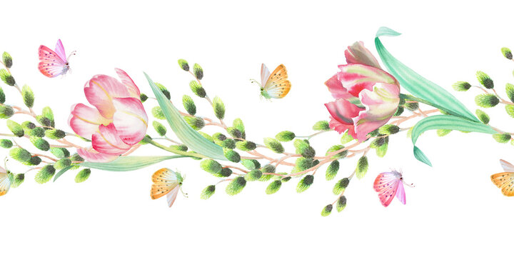 Seamless border of willows branches, tulips with the butterflies. Watercolor illustration. For fabric, wallpaper, packing paper, greeting cards, design, decoration and illustration.