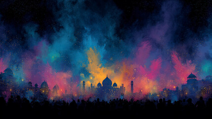 Colorful scenes of Holi Festival with people celebrating at dusk in front of historical buildings
