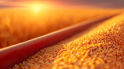 Fototapeta premium Bright golden grains of wheat cascade along a red conveyor belt as the sun sets, casting warm hues over the expansive field. The scene captures the beauty of harvest time