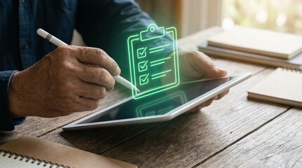 Professional Business Compliance and Digital Quality Assurance Checklist Concept on Tablet