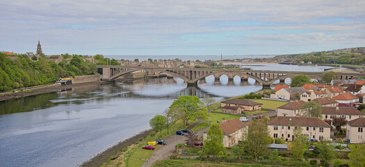 Berwick-on-Tweed, a panorama with the bridges over the River Tweed, Northumbria, UK.
