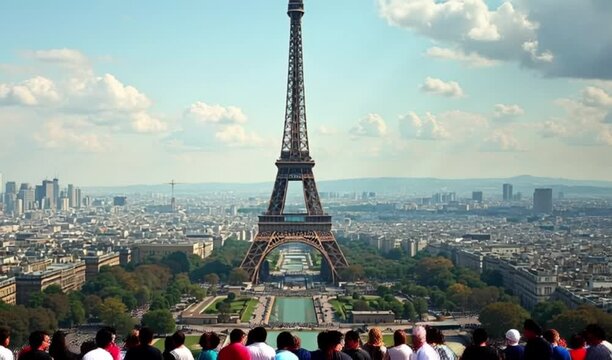 A panoramic view of the Eiffel Tower with a bright cityscape and people gathered at a viewpoint 4K HD Video