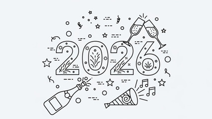 New Year 2026 Celebration Illustration with Champagne and Confetti