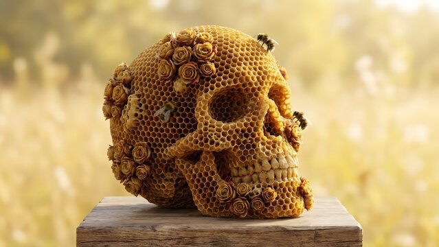 Honeycomb Skull with Bees on Wooden Block. - Powered by Adobe