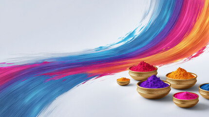 Colors and powders used during Holi Festival celebration in various bowls on a plain background