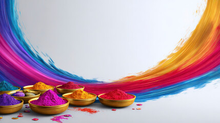 Holi Festival celebration with colorful powders and vibrant colors in bowls on a plain background