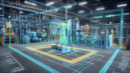 Futuristic industrial production facility with digital blueprint overlay - Powered by Adobe