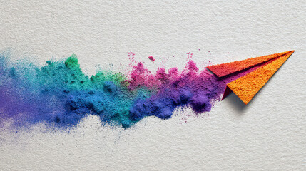 Colorful powder forms a paper plane representing joy and celebration during Holi Festival