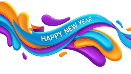 Vibrant colorful paint splashes in purple, blue, orange hues with happy new year text on white background