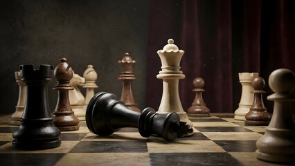 Chess Game with Fallen Black King Piece.