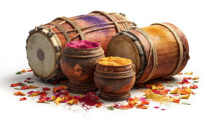 Celebrating Holi Festival with drums and colored powders in vibrant display in a festive setting