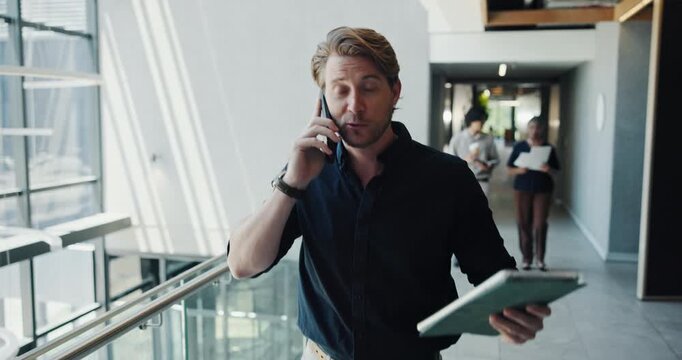 Phone call, speaking or man with tablet in corridor, reading budget report or verify transaction. Tech, review bank invoice or mature accountant with confirmation, account check or client discussion