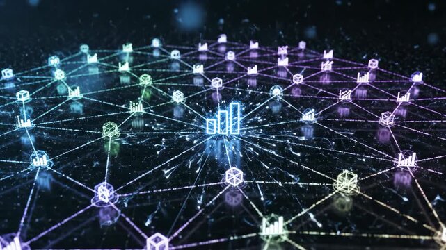 Network visualization glowing data node analytics connectivity visualization glowing data bar chart neon analytics icon digital