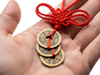 Hand holding three ancient chinese coins tied with red cord isolated on transparent background
