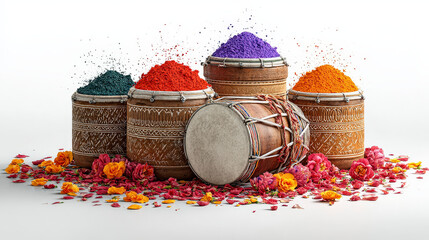 Celebration of Holi Festival with drums and colored powders in colorful bowls