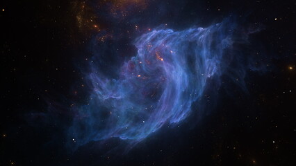 Gas clouds move and twist in space, showcasing colors and patterns. Light from distant stars reflects off the clouds in a vast expanse of the universe. 3d render © angel_nt