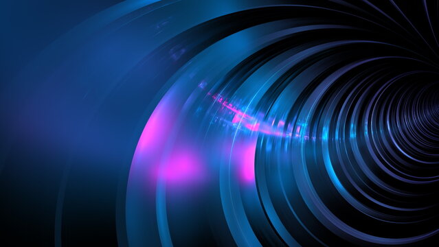 Colorful lights form a spiral shape that leads into darkness. blue and purple hues blend together, giving an impression of movement and depth