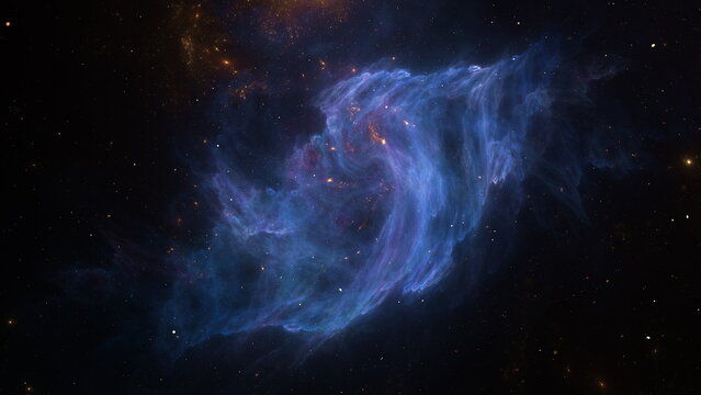 Gas clouds move and twist in space, showcasing colors and patterns. Light from distant stars reflects off the clouds in a vast expanse of the universe. 3d render