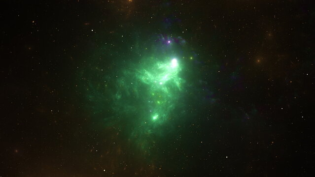 bright green nebula floats in the dark of space with numerous stars scattered around. scene shows the vastness of the universe captured at night with a telescope. 3d render