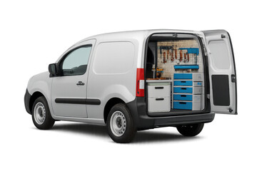 Commercial van with mobile workshop interior showcasing tools