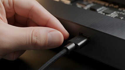 Hand Connecting USB Cable to Computer Port.