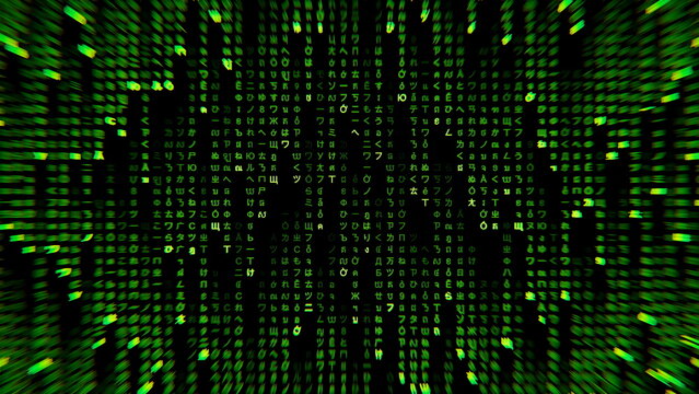 Patterns of green code appear on a black background, forming a visual of symbols that suggest data processing and programming. This scene seems to occur in a digital environment. 3d render