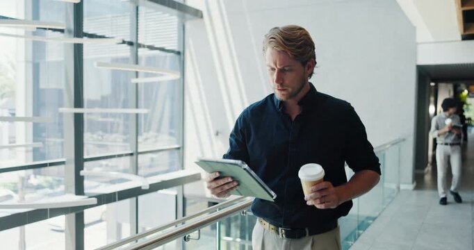 Coffee cup, walking or businessman with tablet in hallway, reading budget proposal or annual spending report. Review, tech or financial advisor check email at workplace, money distribution or plan