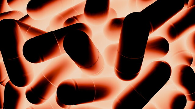 Capsules of various shapes and sizes are scattered across a surface. lighting creates bright highlights and dark shadows on the capsules. This scene is set indoors. 3d render