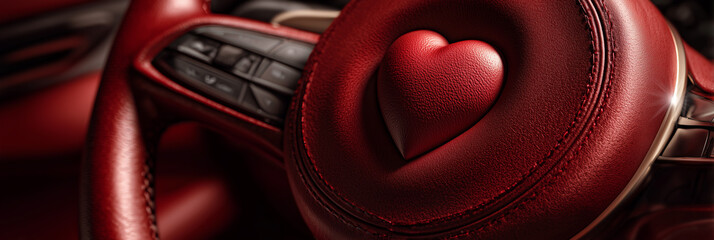 A Hyper-Realistic Extreme Close-up of a Red Leather Steering Wheel with a Heart-Shaped Airbag of Car Horn, Symbolizing Love and Passion for Driving and Cars. Generative Ai.
