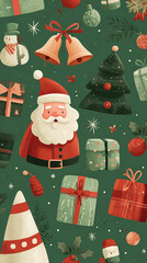 Festive christmas pattern with santa claus, gifts, snowman, and holiday decorations on a green background