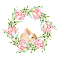 Wreath of willows branches, tulips and rabbit. Watercolor illustration. For fabric, wallpaper, packing paper, greeting cards, design, decoration and illustration.