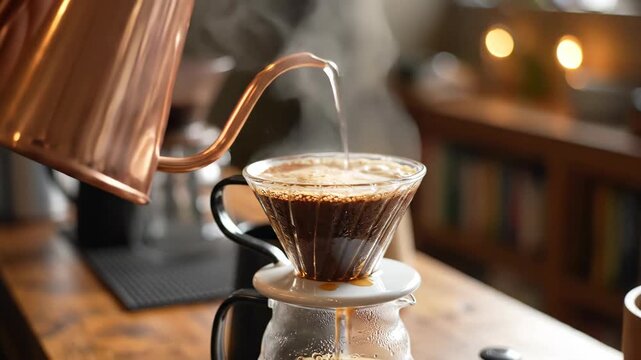 Fresh pour over coffee brewing glass dripper with steam and warm ambiance pouring hot water over ground coffee pour over dripper