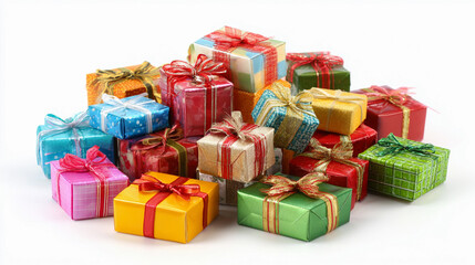 A large pile of colorful gift boxes with ribbons, perfect for celebrations and holidays, isolated on white background