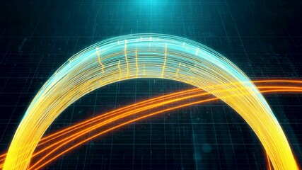 Curved glowing light arcs forming abstract motion trails on dark blue digital background - Powered by Adobe
