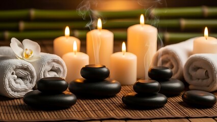 Relaxing spa setting with candles and stones
