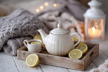 white ceramic teapot with tea and lemon slices on wooden tray, soft blanket and candle, cozy winter tea setup