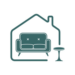 Green outline of a house with a couch and a side table inside sofa