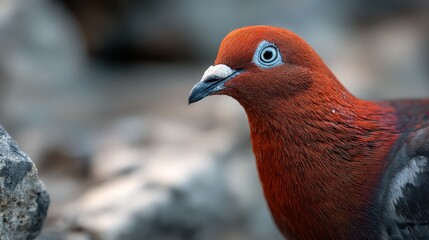 Close up portrait captures vibrant reddish brown plumage and striking blue eye of an avian subject