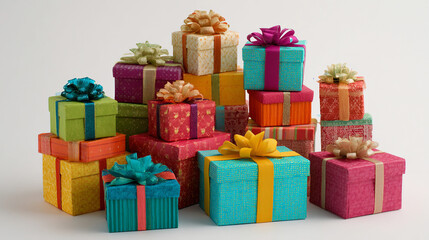 A vibrant collection of colorful gift boxes with decorative bows, stacked and isolated on a white background