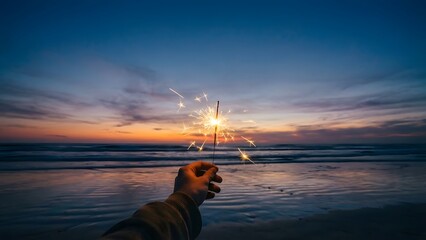 Man Standing in Water at Sunset with Sailboat.