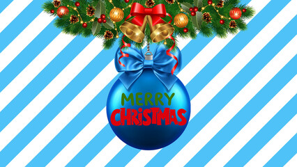 Christmas card banner featuring a blue Christmas ball with "Merry Christmas" lettering hanging on a fir garland with golden bells on a blue and white striped background with copy space