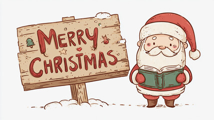 Cute cartoon santa claus with a book and a merry christmas wooden sign, isolated on white background
