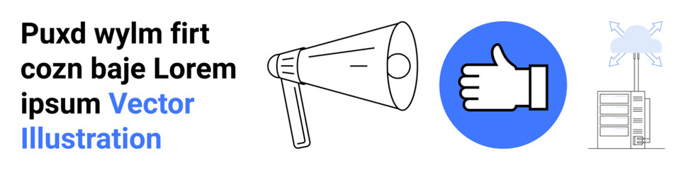 Obraz premium Communication, advertising, approval, renewable energy, environmental awareness, marketing. Megaphone, thumbs-up symbol wind turbine and placeholder text. Communication and advertising-themed