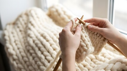 Hands Knitting with Cream Colored Yarn.