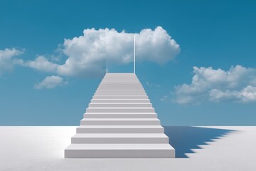 Staircase floating in the sky among clouds, symbolic dreamlike path to success, fantasy atmosphere