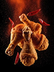 Crispy fried chicken legs and chili peppers in mid-air against a dark background with spices and smoke
