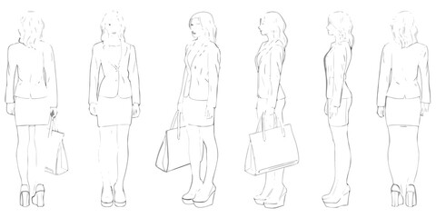 Fashion design sketch a woman in a suit viewed from multiple angles